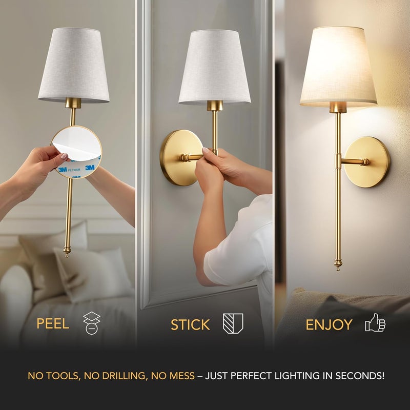 pridola Set of 2 Wireless Wall Sconces – Stick-On or Screw Mount - Rechargeable LED Bulbs, Remote Controlled, Adjustable Brightness & Warmth, Easy Installation, Living Room Wall Decor (Gold) - Image 5